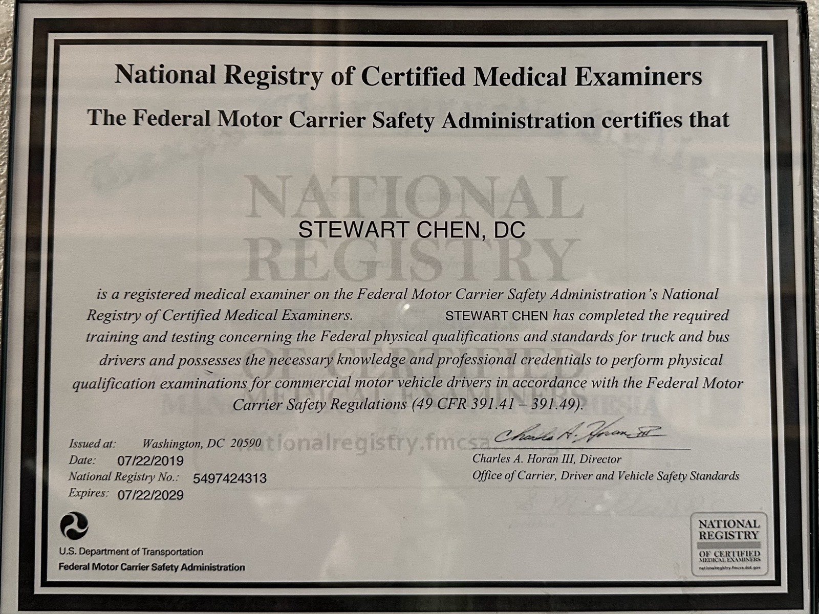 FMCSA National Registry certificate, number 5497424313